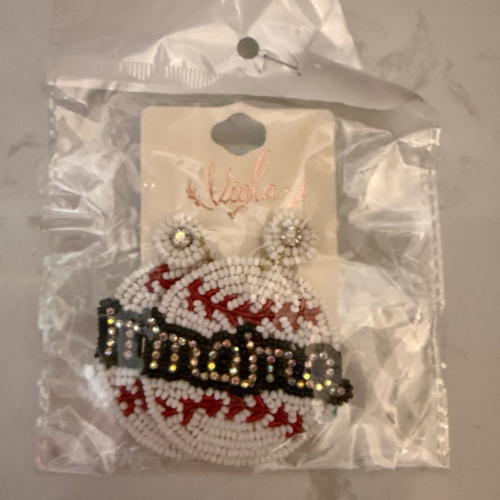 White and Red Beaded Earrings Baseball